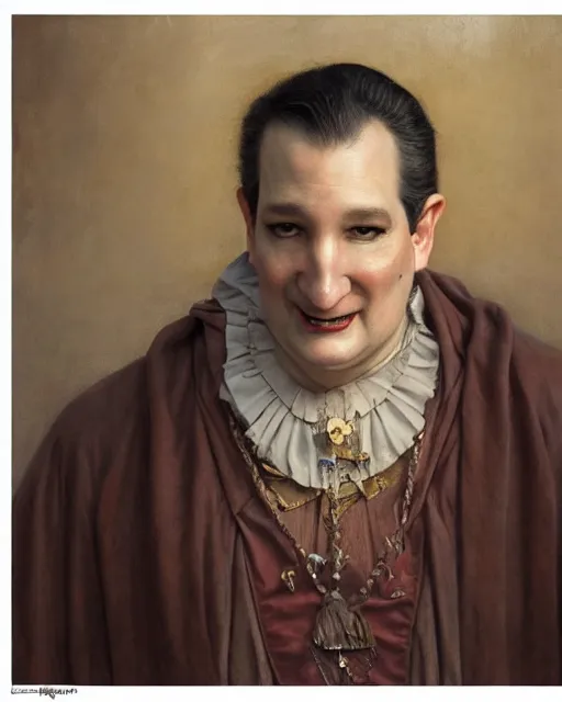 Prompt: closeup portrait of whimsical conniving ted cruz, court jester in renaissance era,, masterpiece, by donato giancola and greg rutkowski and wayne barlow and zdzisław beksinski, high contrast, realistic face