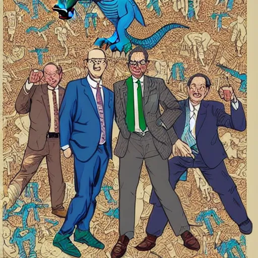 Image similar to detailed intricate colour illustration of businessmen in suits throwing up gang signs at a mecha dinosaur, in the style of Geof Darrow