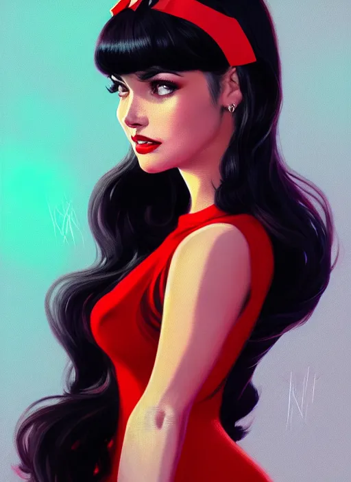 Image similar to portrait of veronica lodge with bangs, 1 9 6 0 s, long hair, red clothes, bangs, intricate, elegant, glowing lights, highly detailed, digital painting, artstation, concept art, smooth, sharp focus, illustration, art by wlop, mars ravelo and greg rutkowski