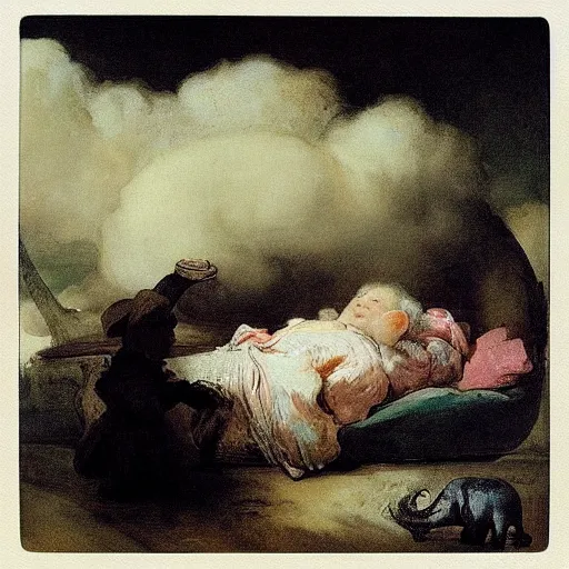 Prompt: “falling asleep with cute elephants made from clouds, illustration, detailed, smooth, pink white and green, by Adolf lachman, Rembrandt, Goya,”