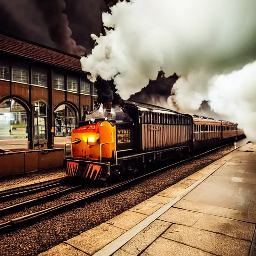 Prompt: train with steam locomotive leaving the station, dramatic cinematic angle and lighting, low angle camera, slow shutter light streaks