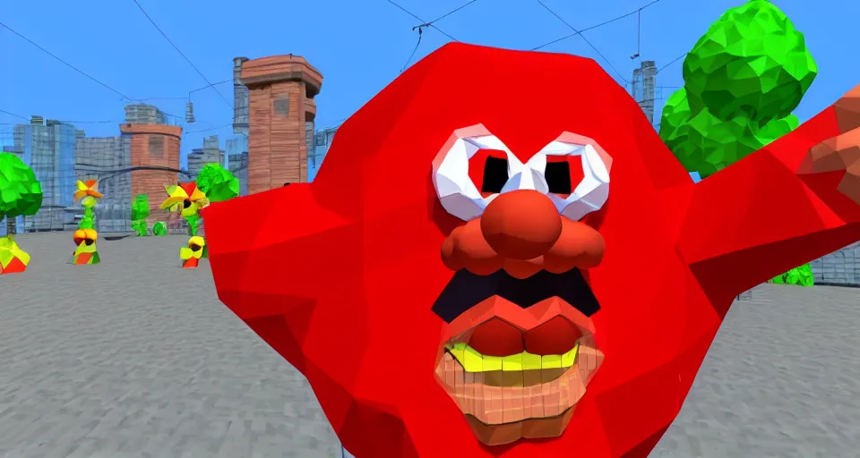 Image similar to Screenshot of a low-poly 3d version of Meatwad from Aqua Teen Hunger Force as a 3d NPC in the 3d videogame 'Super Mario 64' on the 'Nintendo-64' game console.