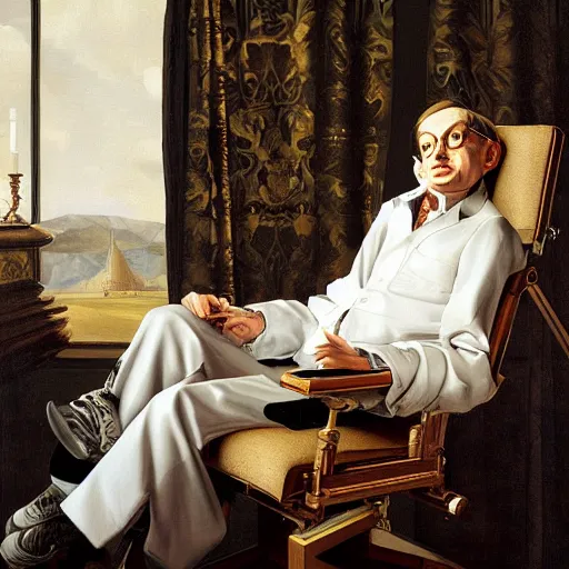 Prompt: stephen hawking, detailed painting by pieter claesz and james c. christensen