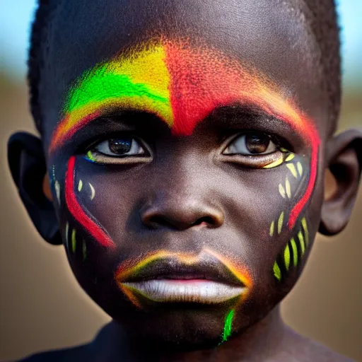 Prompt: 4 k, hyperealistic portrait of an african tribal child with face paint covering his face.