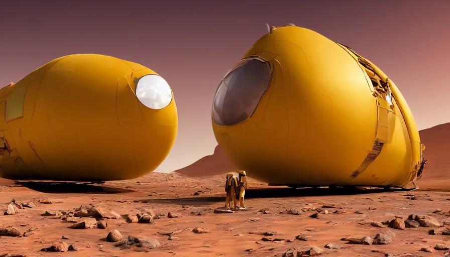 Prompt: professional photograph of a giant yellow gondola car with very huge windows designed by Buckminster Fuller in a picturesque desert on Mars. Astronauts are standing near it, racking focus, depth of field, extreme panoramic, Dynamic Range, HDR, chromatic aberration, Orton effect intricate, elegant, highly detailed, artstation