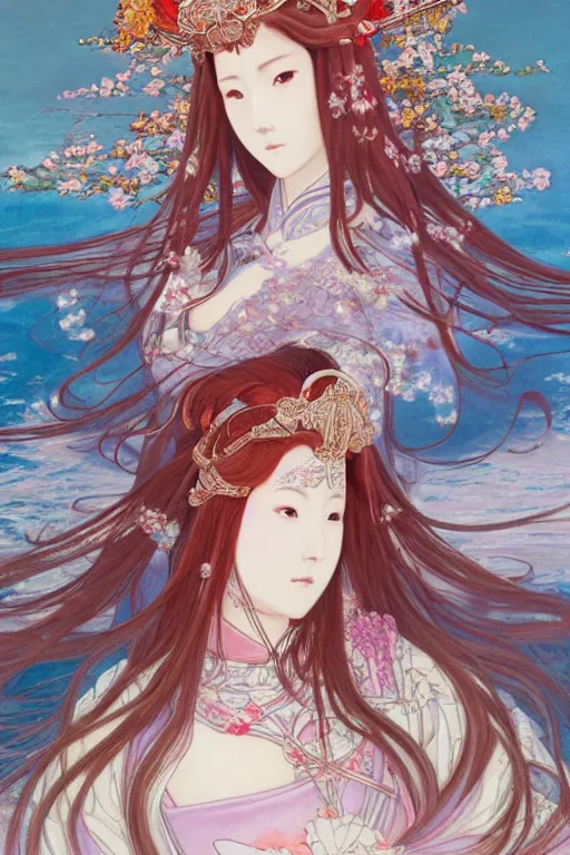 Image similar to breathtaking detailed soft painting of a samurai queen with long flowing red hair, anime style, pastel flower petals flying, in front of a pristine art nouveau cathedral on a wedding day, elegant, volumetric lighting, highly detailed, artstation, concept art, matte, sharp focus, art by ghibli, Alfons Mucha and Miho Hirano