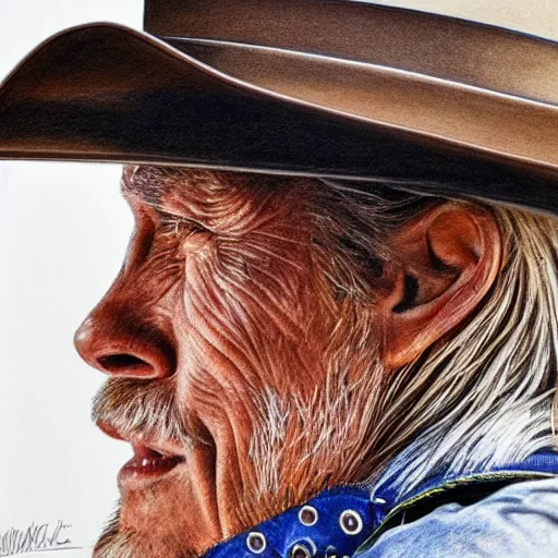 Prompt: Intricate five star Cowboy facial portrait by Monica Lee, Colored pencil on paper, high detail, skin texture, photo realistic, hyperrealism,matte finish, high contrast, 3d depth, masterpiece, vivid colors, artstationhd