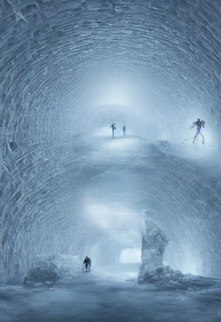 Image similar to Multiple connecting ice tunnels in antartica, multiple people moving around the tunnels, facinating and imposing, fantasy digital art, octane render, beautiful composition, trending on artstation, award-winning photograph, masterpiece