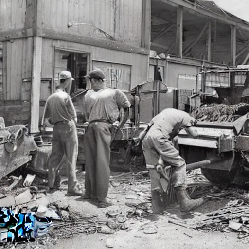 Image similar to photograph, men working in a machine shop sweeping up scrap metal, circa 1946