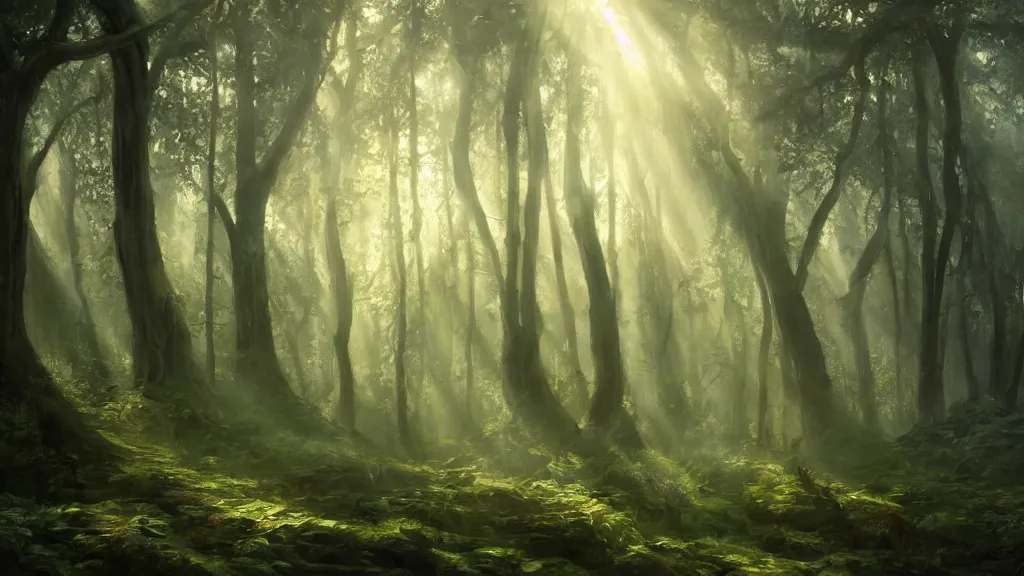 Image similar to The most beautiful painting in the world; an oil painting of a hauntingly beautiful elven forest in the morning; rays of light coming through the canopy; trending on artstation; extraordinary masterpiece!!!!!!; 8k