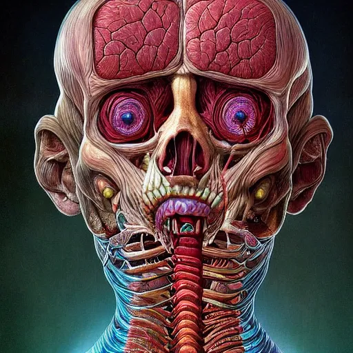 Image similar to nightmare etherreal iridescent vascular nerve bundles pearlescent spinal chord horror by naoto hattori, zdzislaw, norman rockwell, studio ghibli, anatomical cutaway