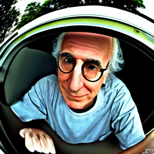 Prompt: larry david in his 2 0 0 9 prius, fisheye lens, anime style, anime