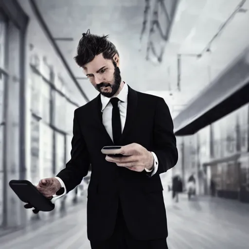 Prompt: man in a black suit, holding a very advance phone, photorealistic, realistic, dramatic, cinematic, cinematic, photography, sci fi