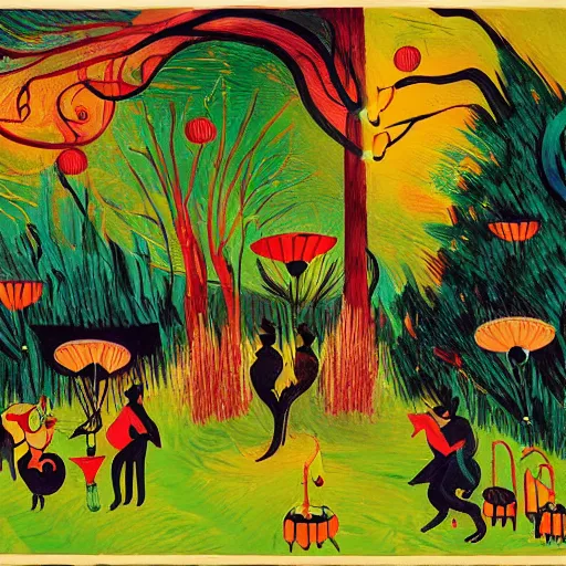 Image similar to detailed painting of cats and caterpillars at a carnival at night watching paper lanterns, in the style of eyvind earle and vincent van gogh