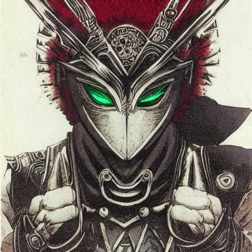 Prompt: portrait of man, emerald ritual mask, red mantle, rotogravure, dark, majestic, powerful, dark fantasy manga artstyle, by yukimira makoto and kentarou miura