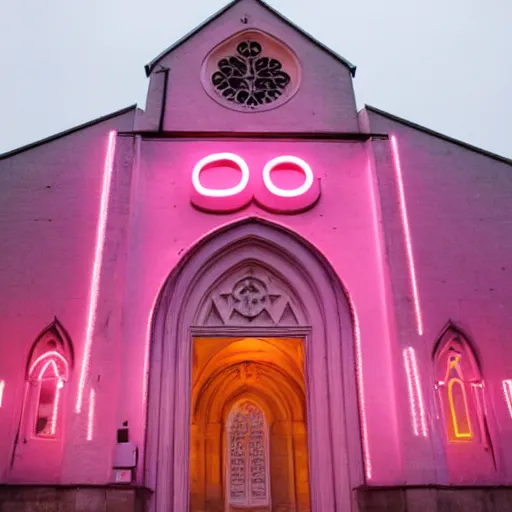 Image similar to A pink neon sign with rounded lowercase letters spelling ODOO above the front door of a cathedral