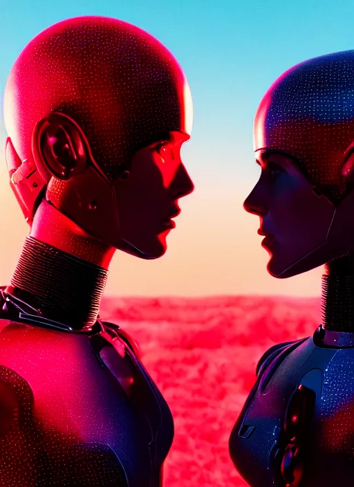 Image similar to cinestill 5 0 d photographic portrait of two loving female androids wearing rugged black techwear on a desolate plain with a red topographic holographic sky, extreme closeup, cyberpunk style, dust storm, 8 k, hd, high resolution, 3 5 mm, f / 3 2, ultra realistic faces, ex machina