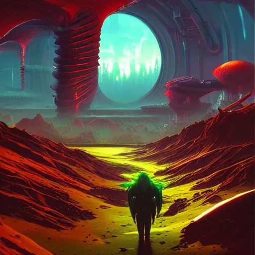 Prompt: landscape, research base on alien world, cyberpunk, sci fi, horror, highly detailed, intricate, red, purple, yellow, matte painting, by rhads and mohrbacher,