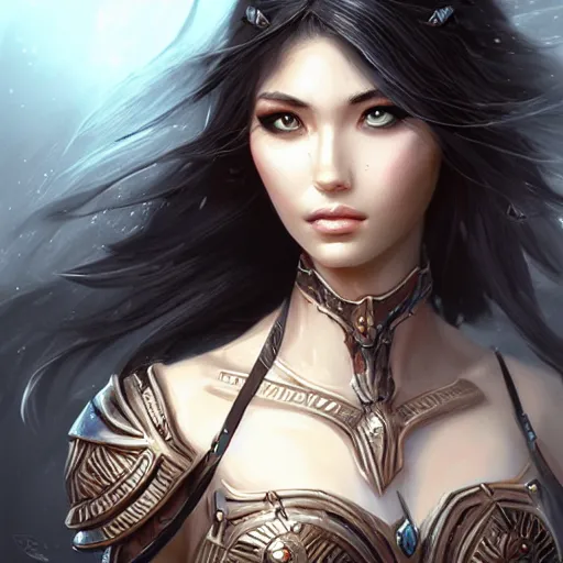 Image similar to warrior girl in bikini armor, long black hair, gorgeous round face, amazing, elegant, intricate, highly detailed, digital painting, artstation, concept art, sharp focus, illustration, art by ross tran