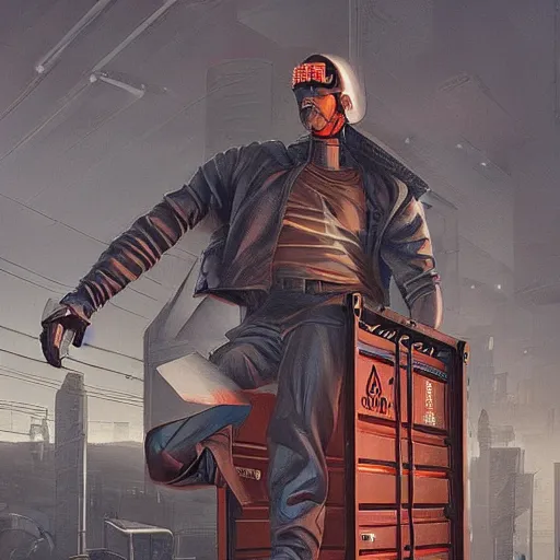 Image similar to cyberpunk man lifing a cargo container, Industrial Scifi, detailed illustration, Chiaroscuro, concept art, by Martin Grip and Moebius