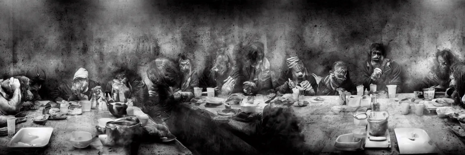 Image similar to Award Winning Editorial wide-angle picture of a Tramps in a new York Soup Kitchen by David Bailey and Lee Jeffries, called 'The Last Supper', 85mm ND 5, perfect lighting, gelatin silver process