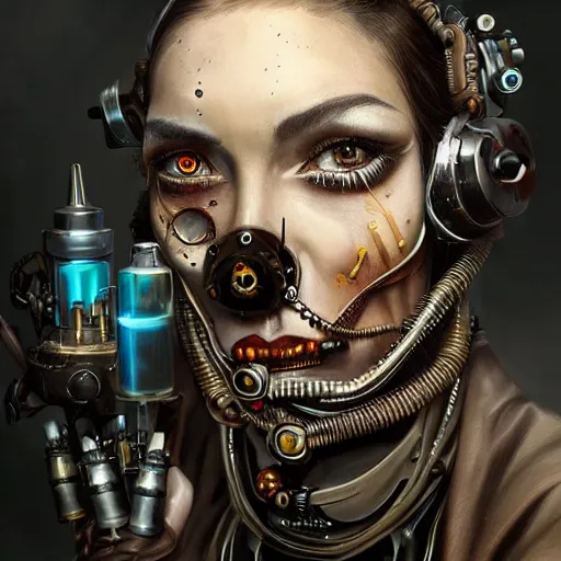 Image similar to portrait painting of evil steampunk cyborg tinkerer, technomagic, ultra realistic, concept art, intricate details, eerie highly detailed