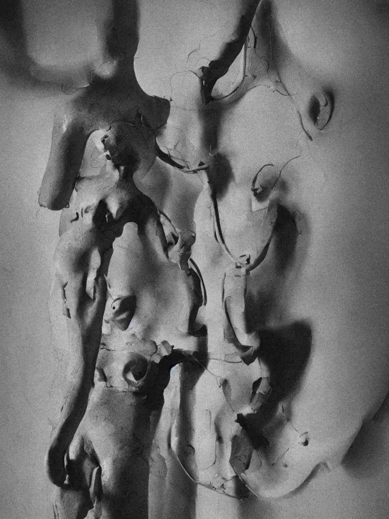 Prompt: extreme harsh lighting antique photograph of biomorphic surreal sculpture of a curvaceous standing figure of enemy of mankind, made of plaster and old circuitry and stained with sumi ink, sculpted by alexander rodchenko and eva hesse, photographed by francesca woodman, tragic grainy shallow depth of field high contrast shocking detail trending on artstation 8 k