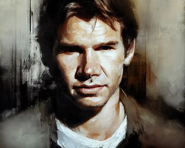 Image similar to portrait of young han solo young harrison ford in shades of grey but with brown by jeremy mann