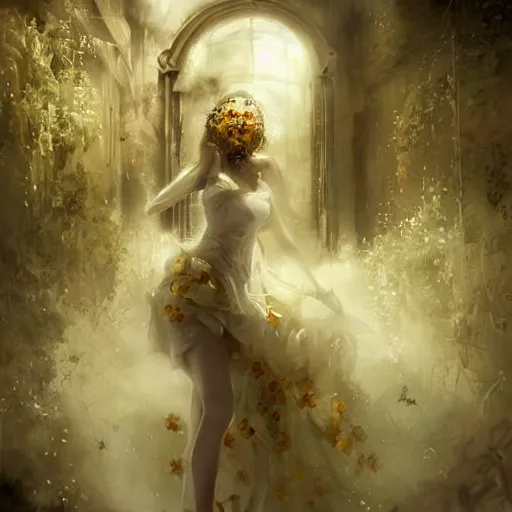 Image similar to a woman in a white dress with yellow flowers on her body, cyberpunk art by bastien lecouffe - deharme, trending on cgsociety, fantasy art, dystopian art, apocalypse art, rococo