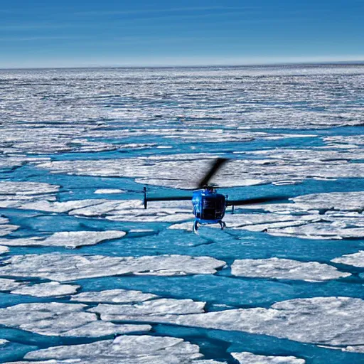 Image similar to a blue helicopter flying over ice floes