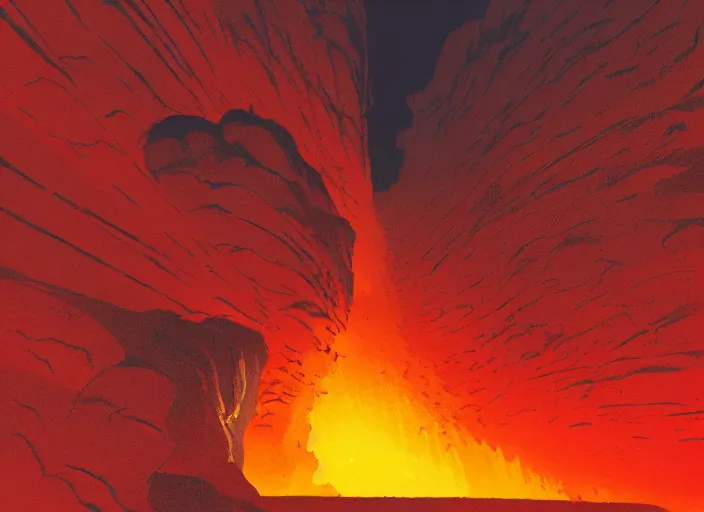 Prompt: a lava mountain landscape with giant hole opening into the underworld, dynamic shadows, dynamic lighting, ilya kuvshinov, kyoani, hiroaki samura, yoshinari yoh, james jean, katsuhiro otomo, erik jones, cel shaded, anime poster
