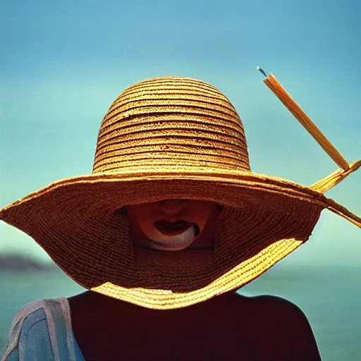 Prompt: A closeup film photography of an Alien wearing straw hat, photo bySlim Aarons, award winning, 4K