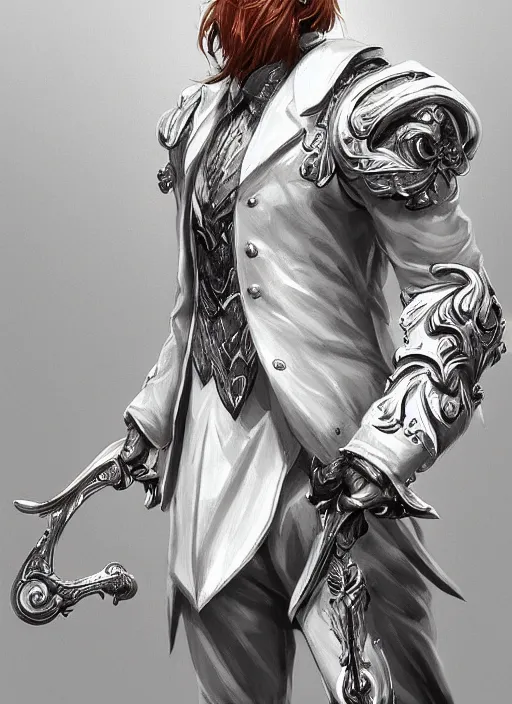 Image similar to a highly detailed illustration of short ginger haired man wearing white suit, dramatic holding ornate mechanical cane pose, intricate, elegant, highly detailed, centered, digital painting, artstation, concept art, smooth, sharp focus, league of legends concept art, WLOP