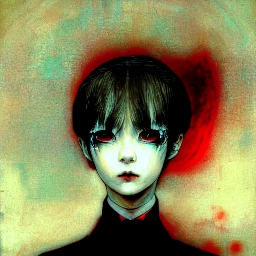 Image similar to yoshitaka amano blurred and dreamy realistic three quarter angle horror portrait of a sinister young woman with short hair, horns and red eyes wearing office suit with tie, junji ito abstract patterns in the background, satoshi kon anime, noisy film grain effect, highly detailed, renaissance oil painting, weird portrait angle, blurred lost edges