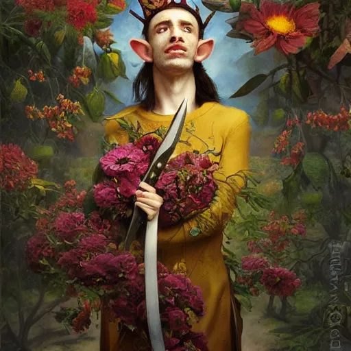 Prompt: portrait of an elf holding a dagger. he wears a crown of flowers. baroque portrait, 8k ultra HD, by esao andrews