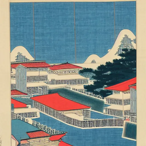 Image similar to ukiyo - e painting of the skyline of singapore public housing