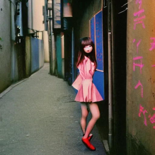 Image similar to 1990s perfect 8K HD professional photo of close-up japanese schoolgirl posing in sci-fi dystopian alleyway, at instagram, Behance, Adobe Lightroom, with instagram filters, depth of field, taken with polaroid kodak portra