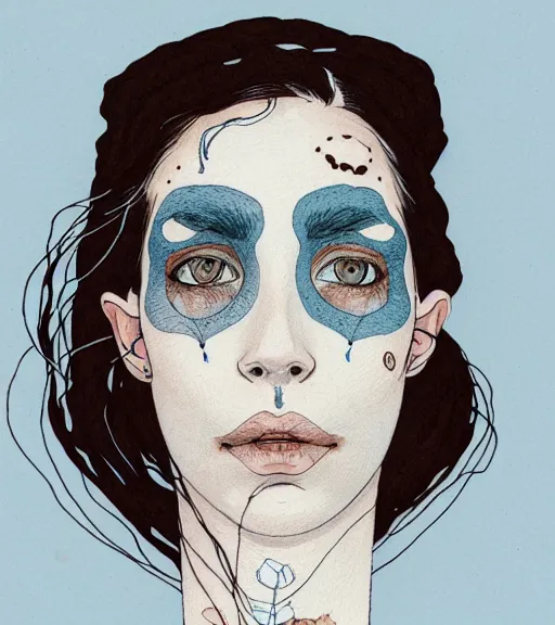 Image similar to portrait of a woman raised on the island face tatooes by kaethe butcher, dynamic lighting, gradient light blue, brown, blonde cream and white color scheme, grunge aesthetic