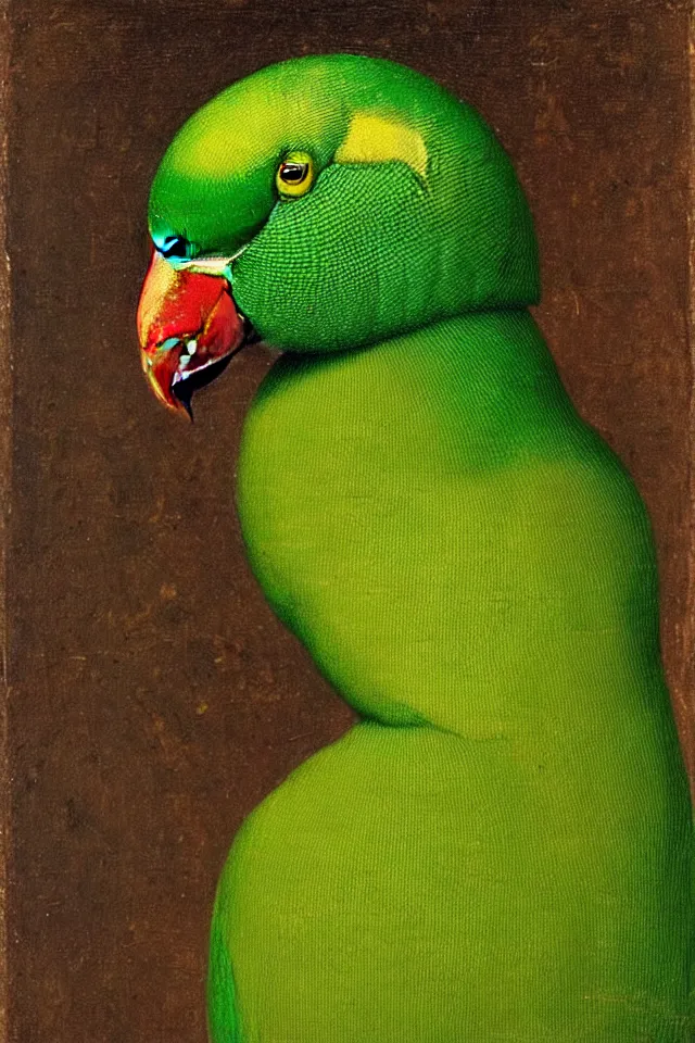 Image similar to a renaissance close up portrait of a green duck parrot as a ninja turtle, centered, triumphant, beautiful intricate painting