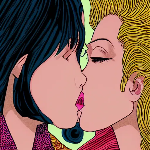 Image similar to closeup of two women made of patterns kissing each other, manga art by araki, jojo's bizarre adventure key visual