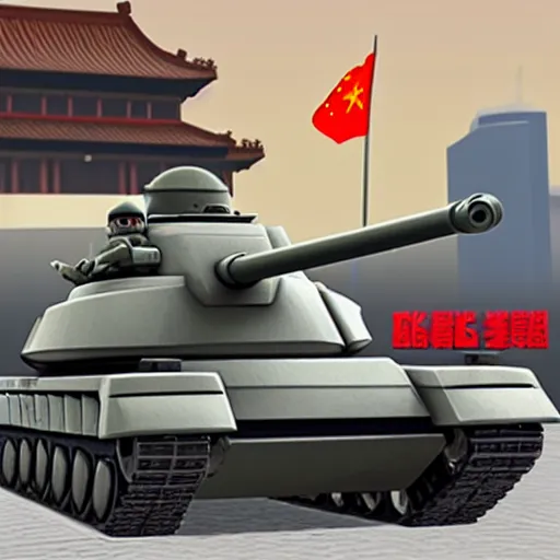 Prompt: roblox noob driving tank in tiananmen square, chinese flag