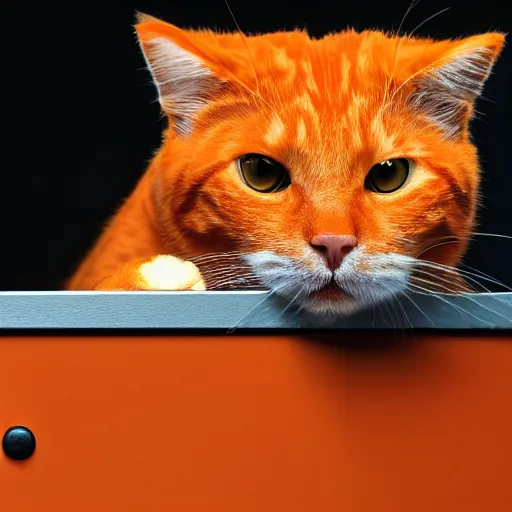 Prompt: an orange cat staring in a table drawer ~ on fire ~ fire ~ high - resolution photo ~