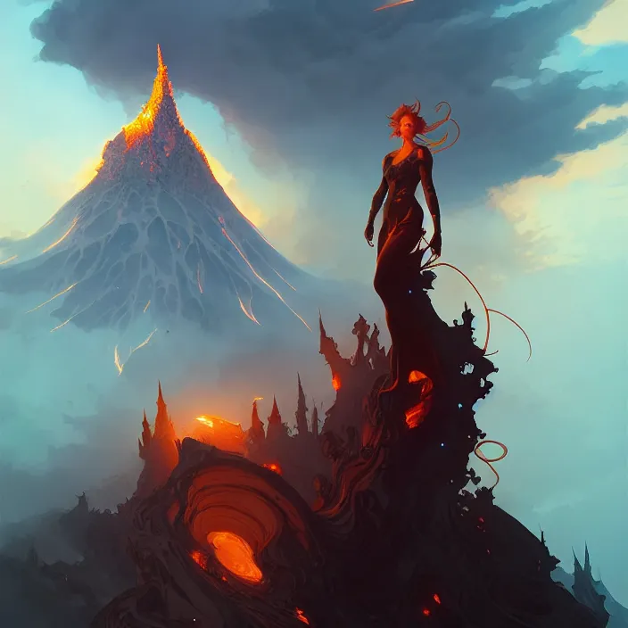 Image similar to style artgerm, joshua middleton, ellen jewett, a castle of brimstone, very long spires, fire swirling, detailed, volcano background setting, volumetric lighting