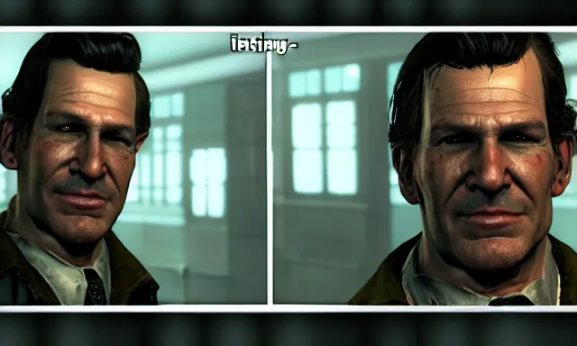 Image similar to ingame dialog!!!! talking!!!!!!!!! to dennis!!!!! bateman!!!!! in fallout 5, hd 4 k max settings raytracing ( ( ( firstperson ) ) )