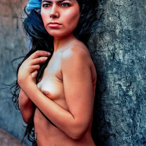 Image similar to award winning portrait photo of a young mexican woman in the style of helmut newton, color