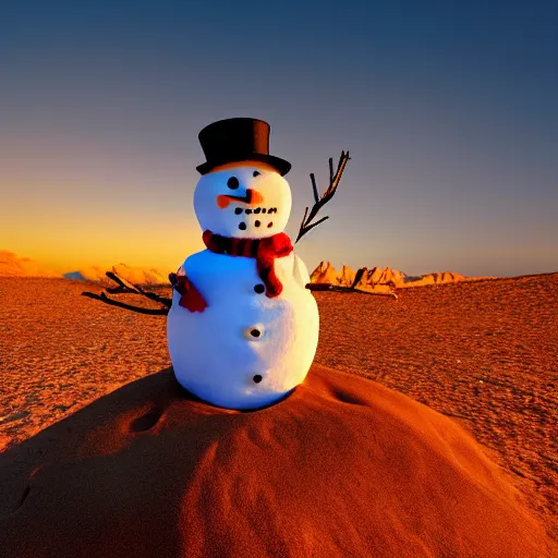 Image similar to a snowman is lost in the desert at sunset, beautiful photography, 8k, ambient light