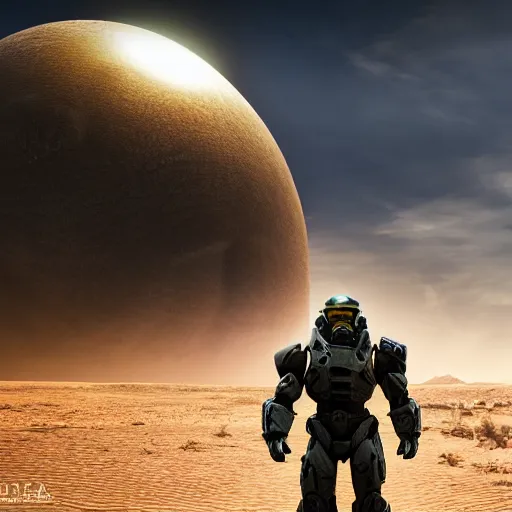 Image similar to ultra realistic 3 d render of master chief on a desert planet. epic image. action pose. explosions. sunrise. canon rf 2 4 - 7 0 mm f 2. 8 l is usm