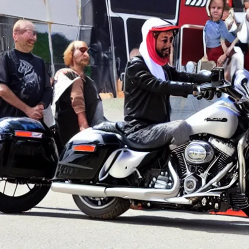 Prompt: king Mohammed 6 riding harley