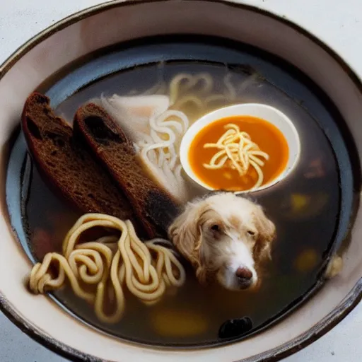 Prompt: dog soup ramen and bread