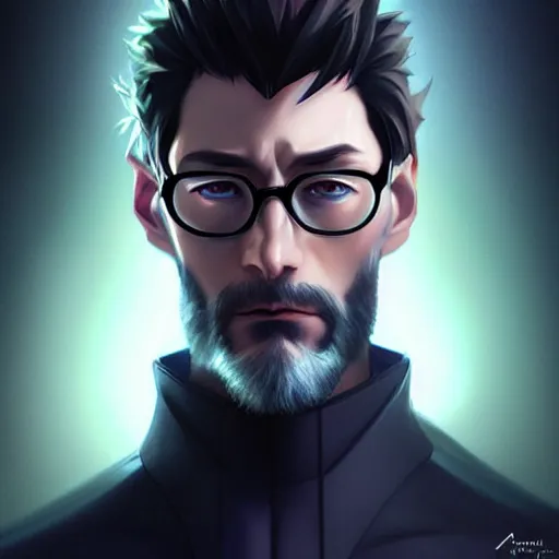 Prompt: portrait of gendo ikari evangelion, male, thin pursed lips, sharp jaw light black hair soft hair swept back short length hair, anime, fantasy, intricate, elegant, stern, highly detailed, digital painting, artstation sharp focus, hunterpedia madonna art by artgerm and ruan jia and ross tran